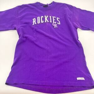 vintage Colorado Rockies baseball embroidered logo tee shirt purple white M